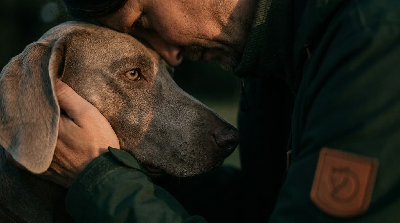 Stiller Moment des Vertrauens zwischen Mensch und Hund bei Abendlicht