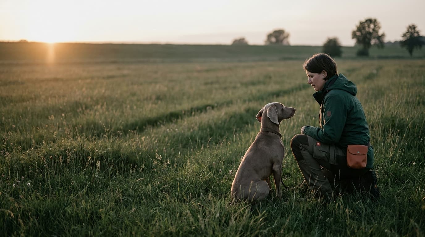 Ruhiger Trainingsmoment zwischen Mensch und Hund im Feld bei Abendlicht