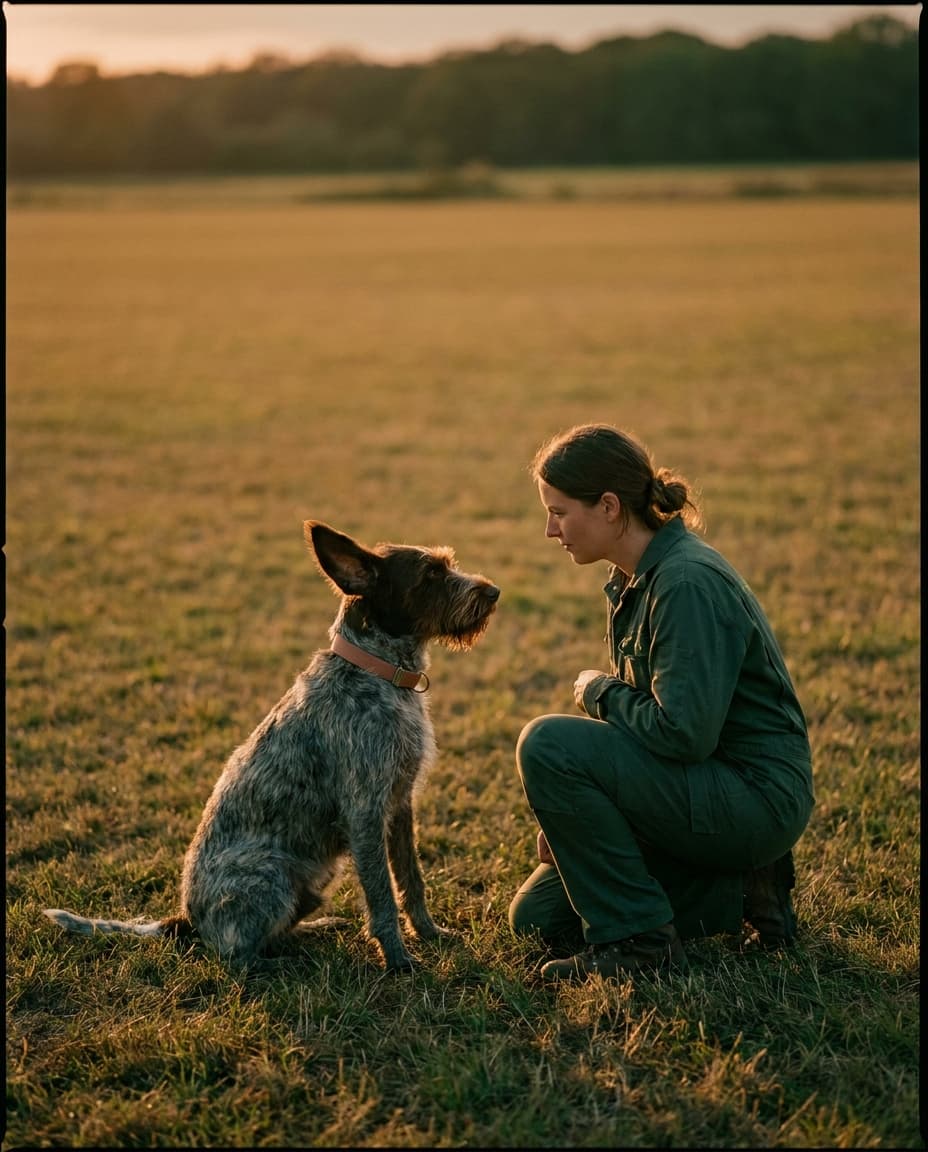 Ruhiger Trainingsmoment zwischen Mensch und Hund im Feld bei Abendlicht