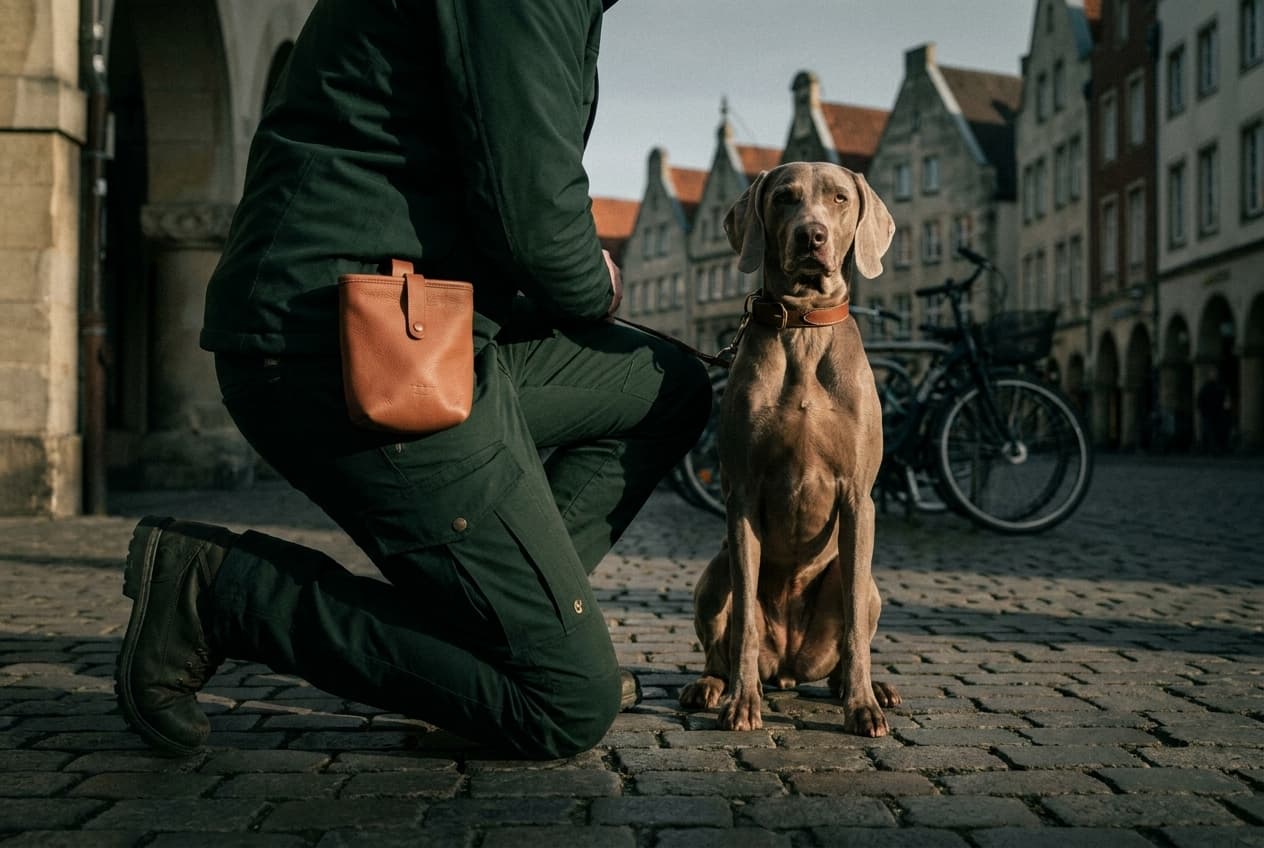 Hund sitzt ruhig in der Münsteraner Altstadt neben der Trainerin